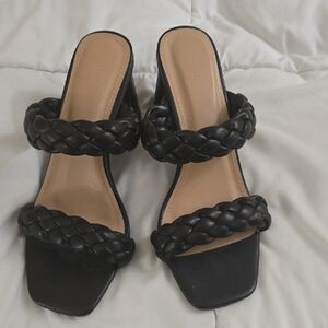 Woven Double-Strap Black Mule Heels - Women Memory Foam Sz 9